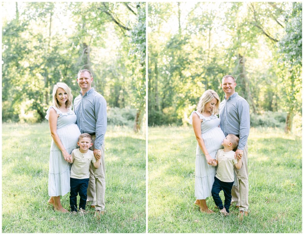 A young boy smiles with his parents. Atlanta Maternity Photographer Emily Grace Photographer gives tips on how to involve siblings in maternity photos.