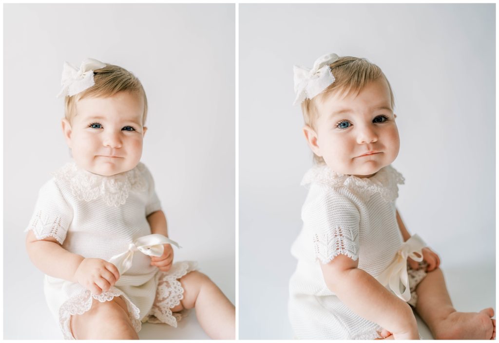 Side by sides of a baby girl smiling during her milestone session. Studio Photo Session, Grace Emily Photography, Alpharetta Photographer/