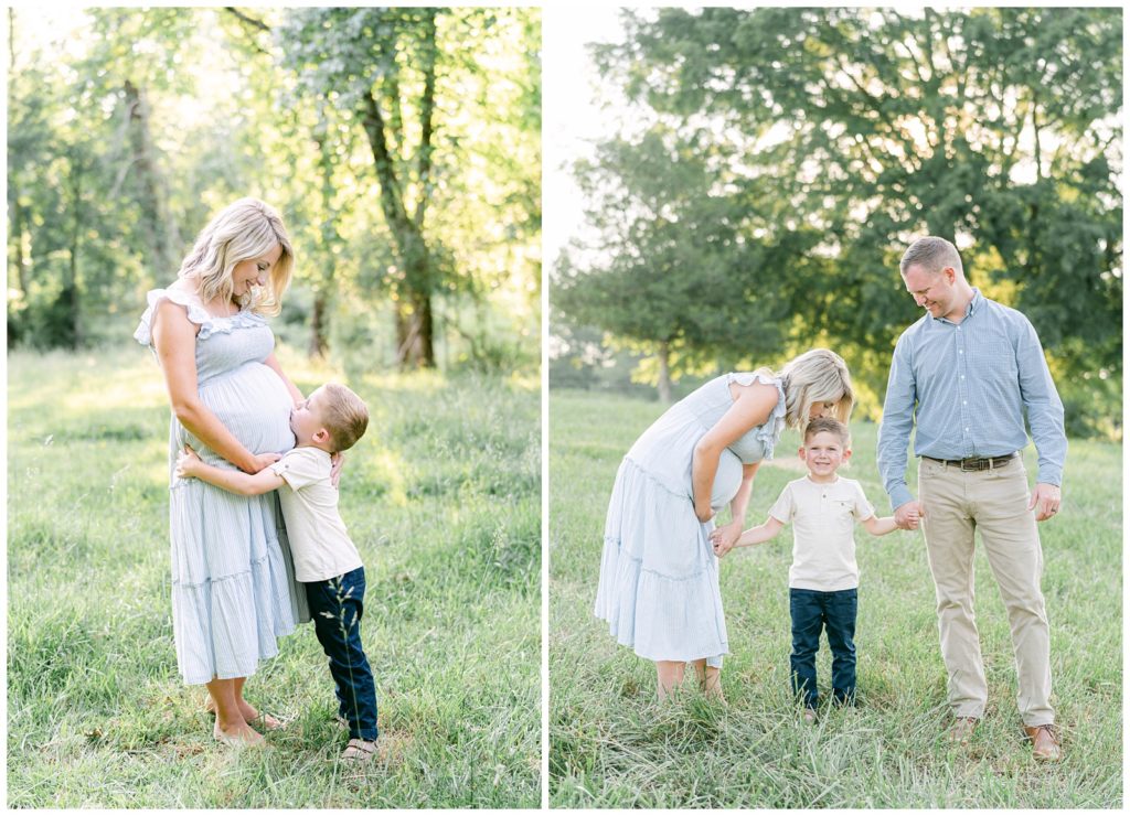 A side by side of a smiling mother and son, and mother kissing her son as they stand next to the father. Alpharetta Photographer Grace Emily documents the moment.