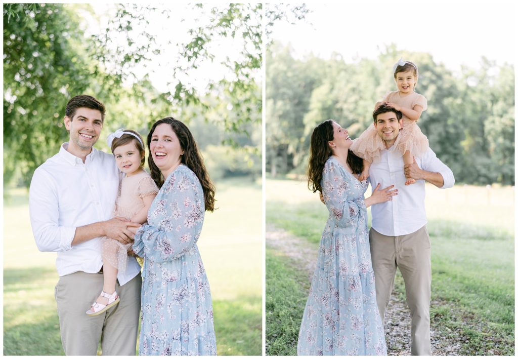 A side by side of a mother and father with their toddler daughter. Alpharetta Georgia Photographer Grace Emily documents the moment.