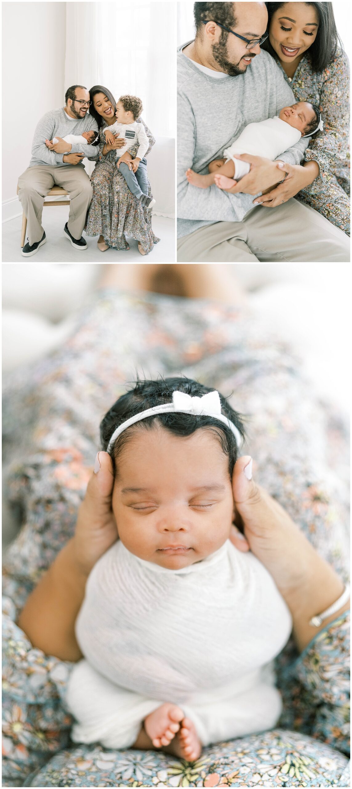 A collage of three photos of a baby girl with her parents and toddler brother during an Alpharetta newborn session.