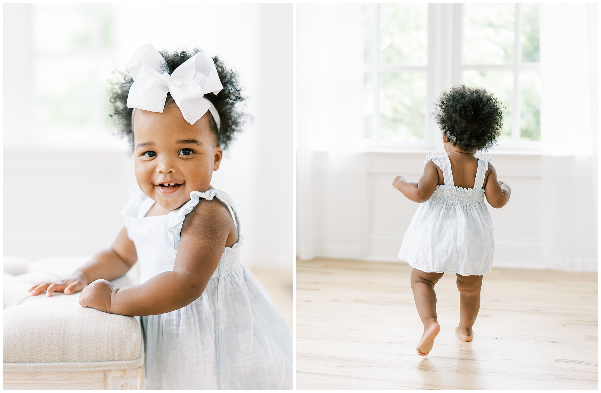 A portrait of a one year old smiling for the  camera and a photo of her back as she toddles away.
