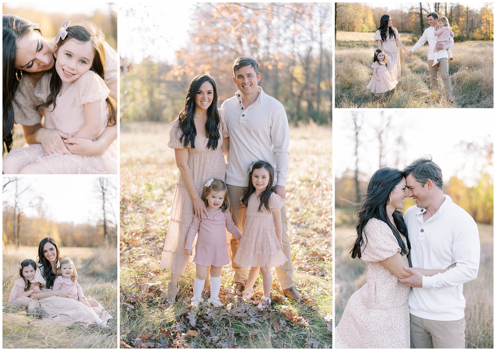 Collage of five photos of a young couple with their two daughters posing for family photos in Dahlonega.