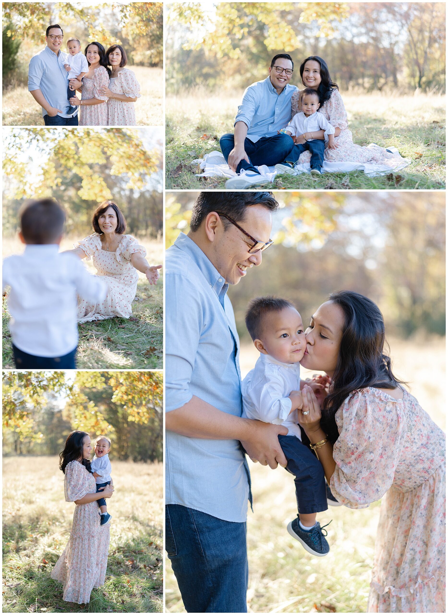 collage of five photos of a family smiling for photos.