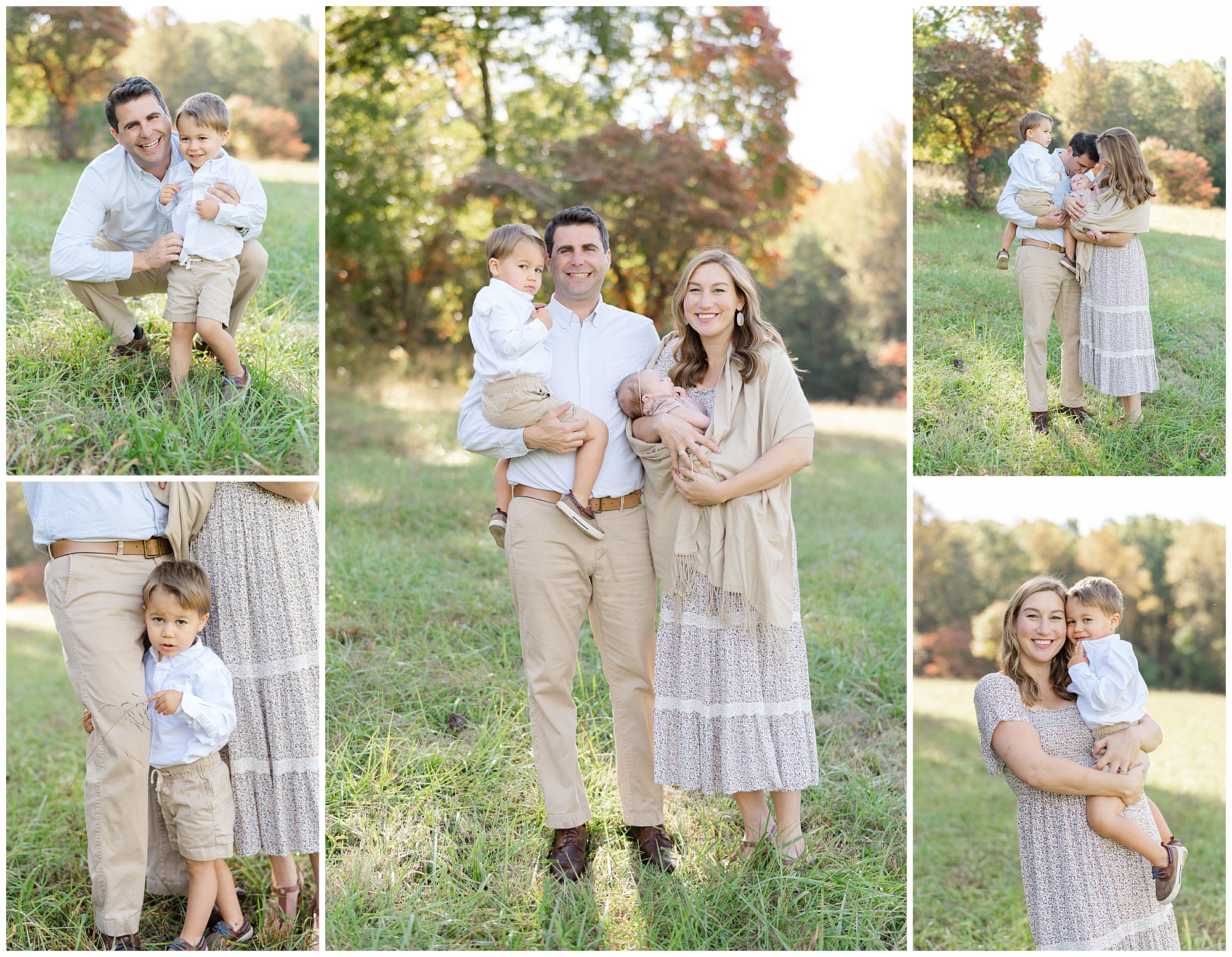 Collage of five photos of a family with a toddler boy and baby standing in a green field lined with fall leaves on trees.