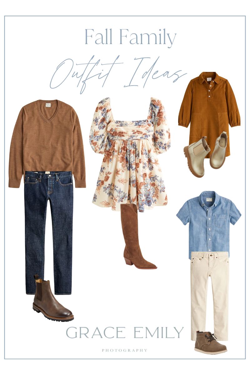 Mood board of outfits for a family to wear in fall photographs.