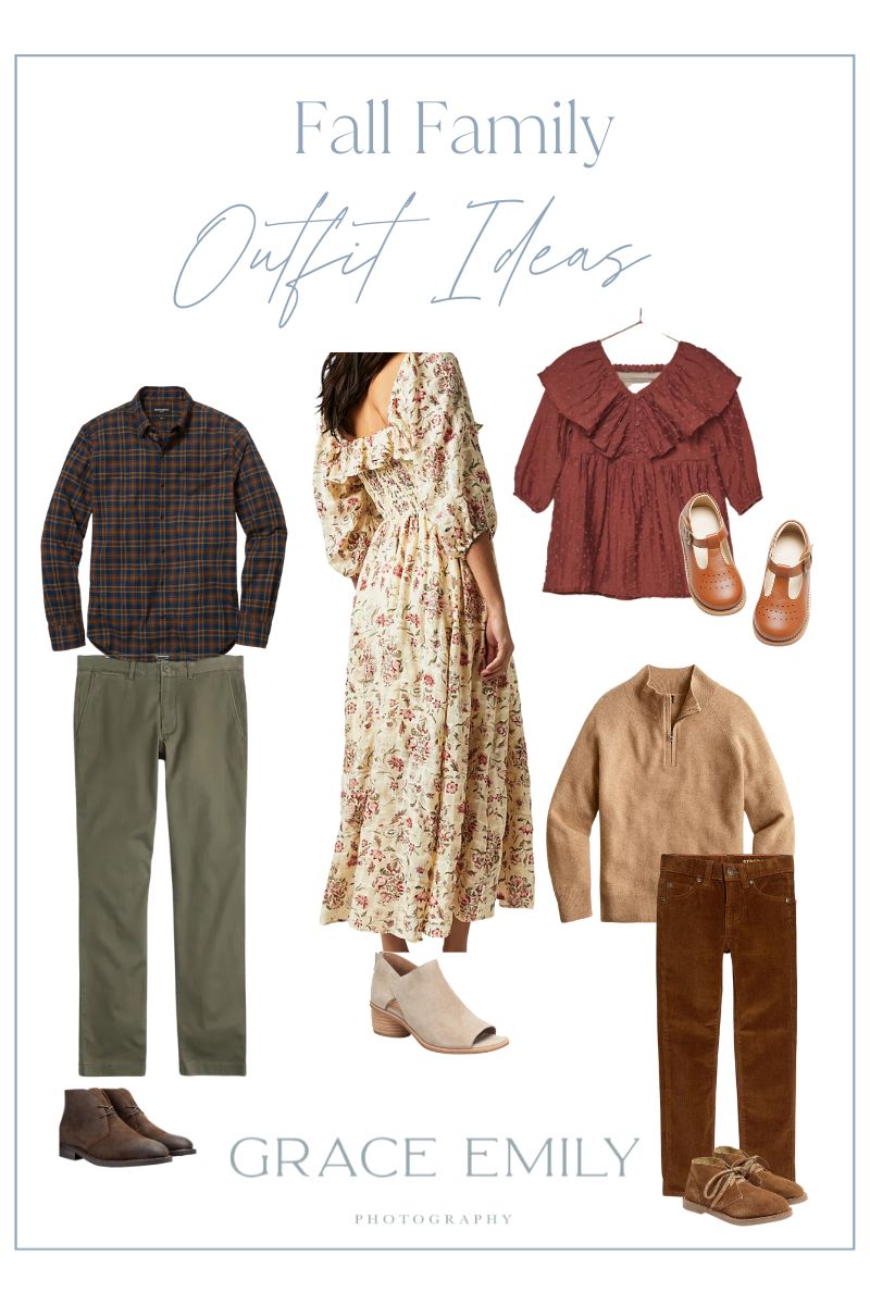 Outfit options for the whole family for fall family photos.