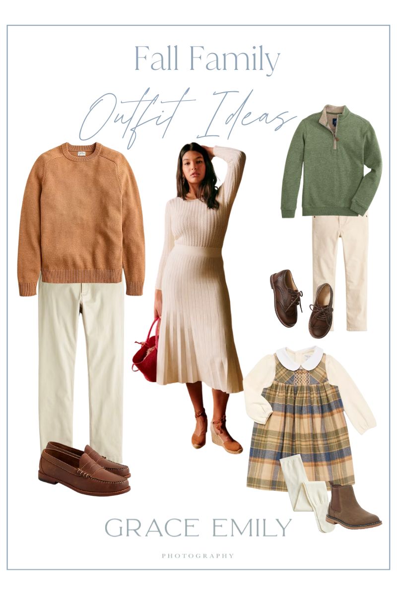 Moodboard of neutral outfits for fall family photos.