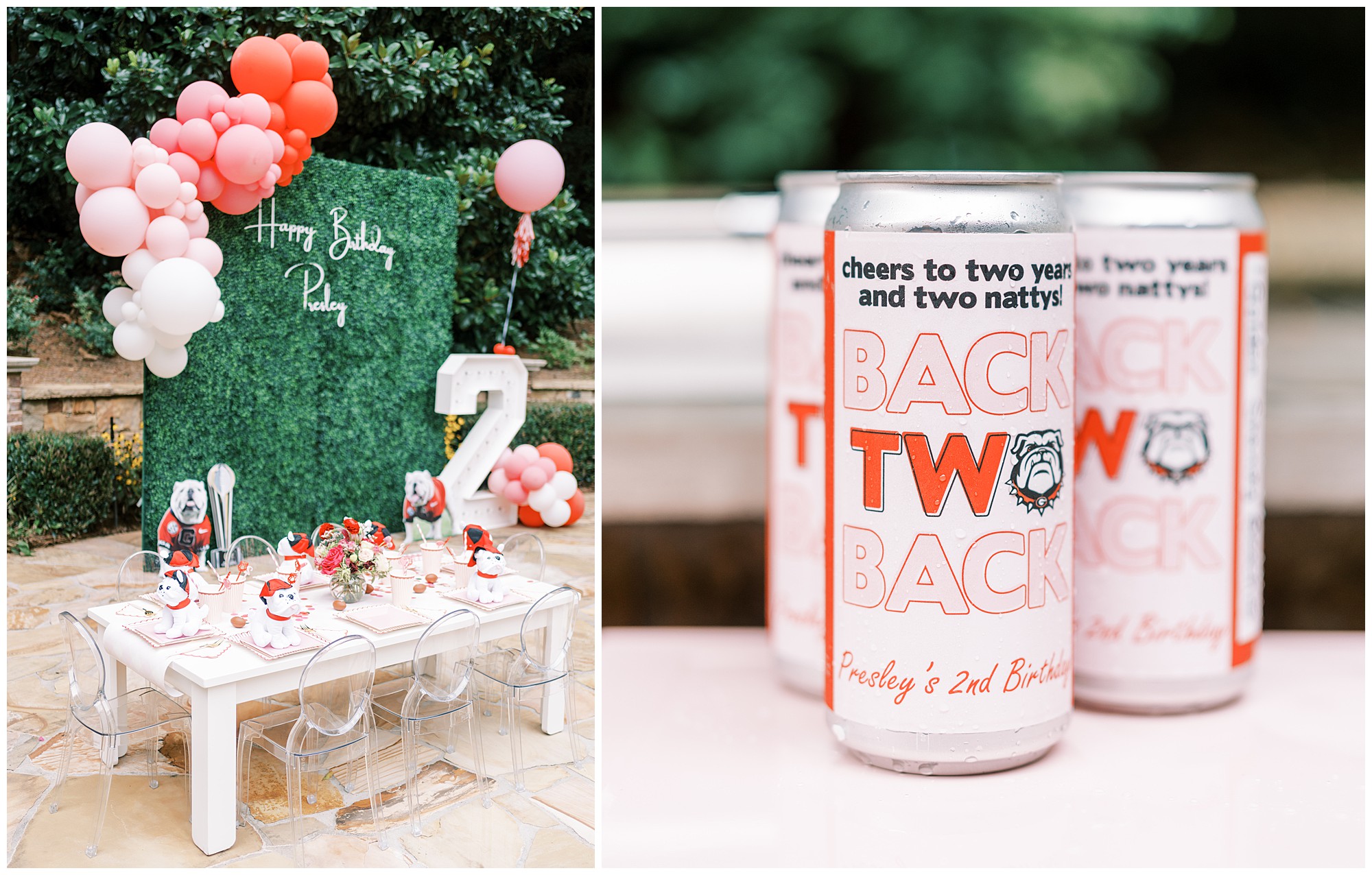 Photos of a UGA themed birthday party, one is a close up of drink cans reading back to back and the other is a children's table set with plates and toy bulldgos.