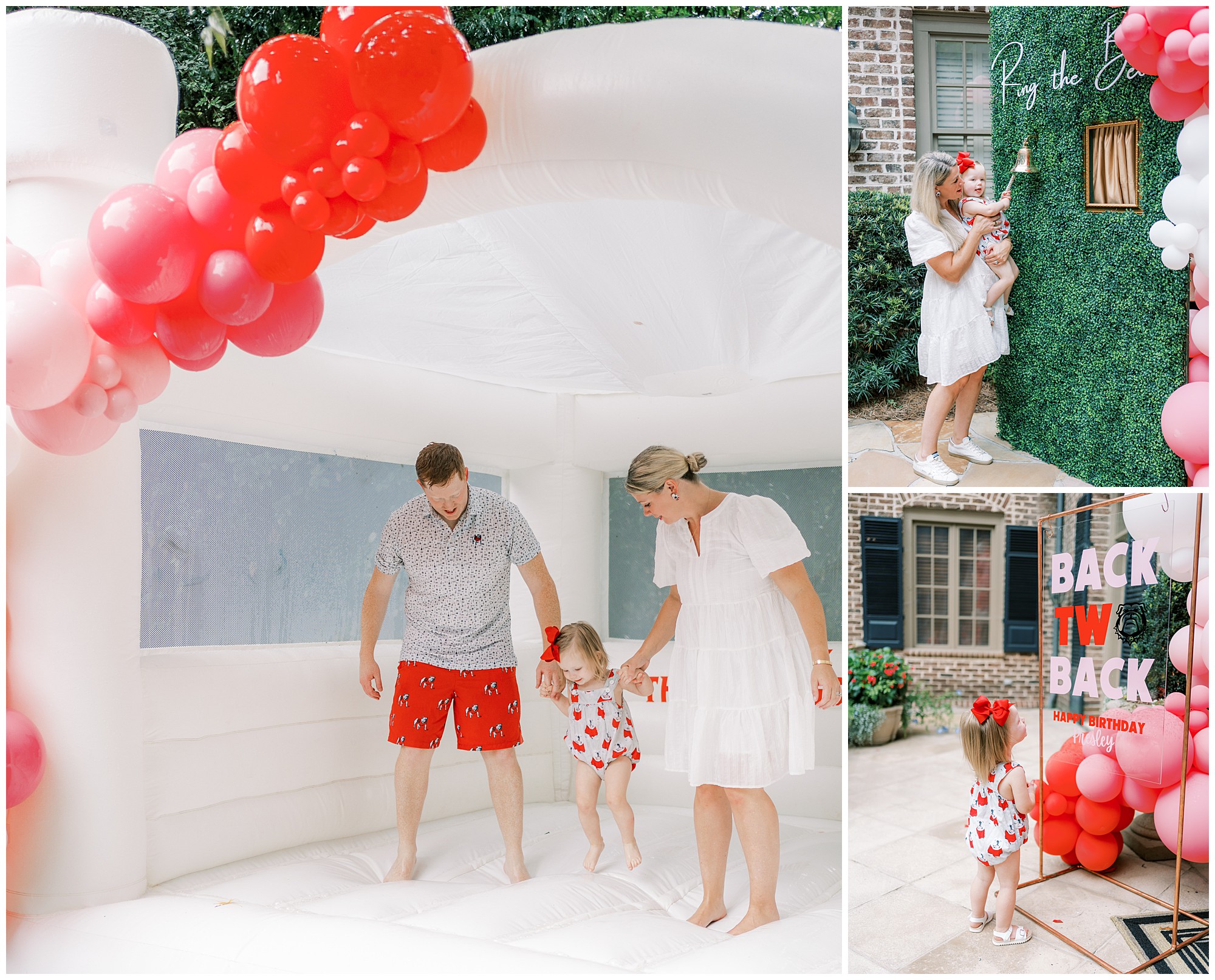 Parents jumping in a white bouncy castle with a two year old for her UGA themed birthday party.