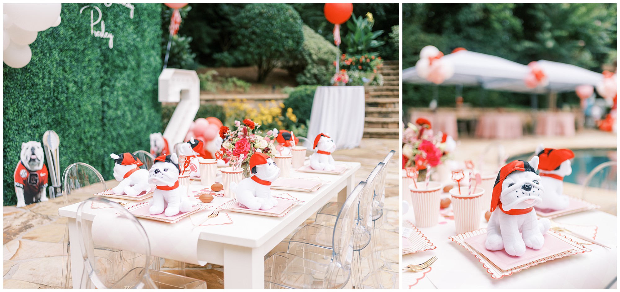 A children's table set up with paper plates and UGA themed birthday decor.