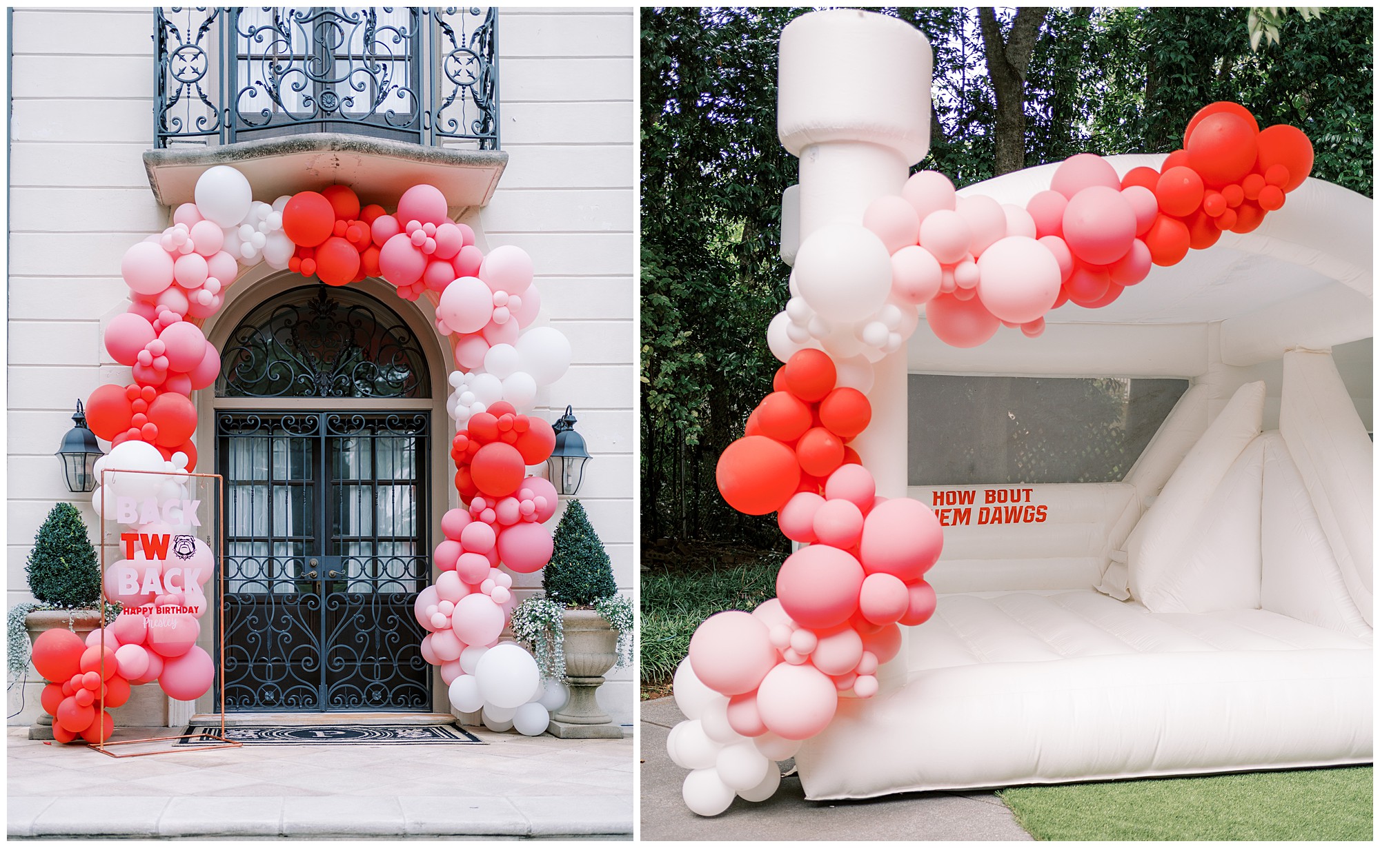 A red and white balloon arch around a door and a white bouncy castle for a two year old's University of Georgia birthday party.