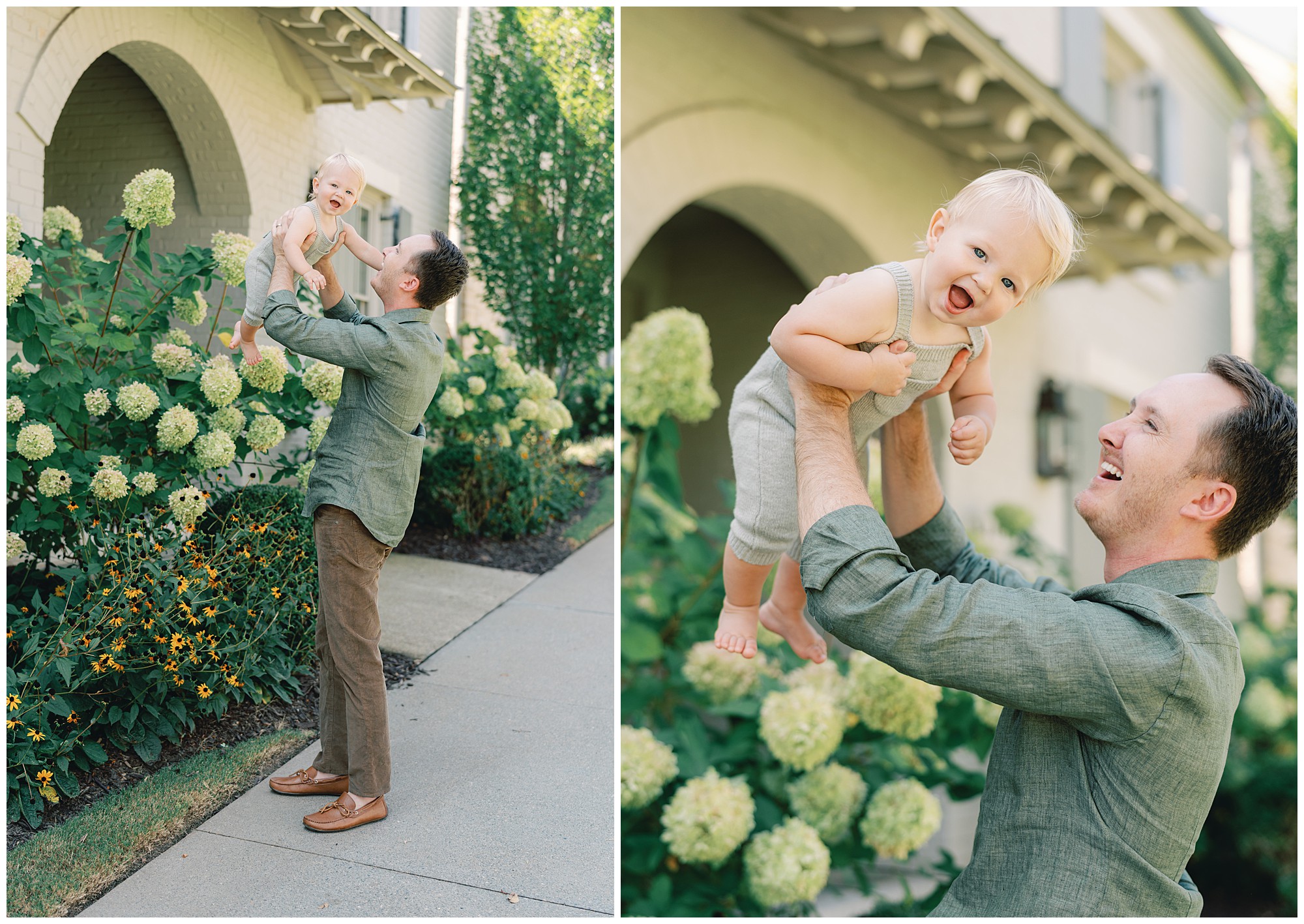 Two perspectives of a father holding his toddler son up in the air while the young boy smiles toward the camera in front of a home with large green hydrangeas.