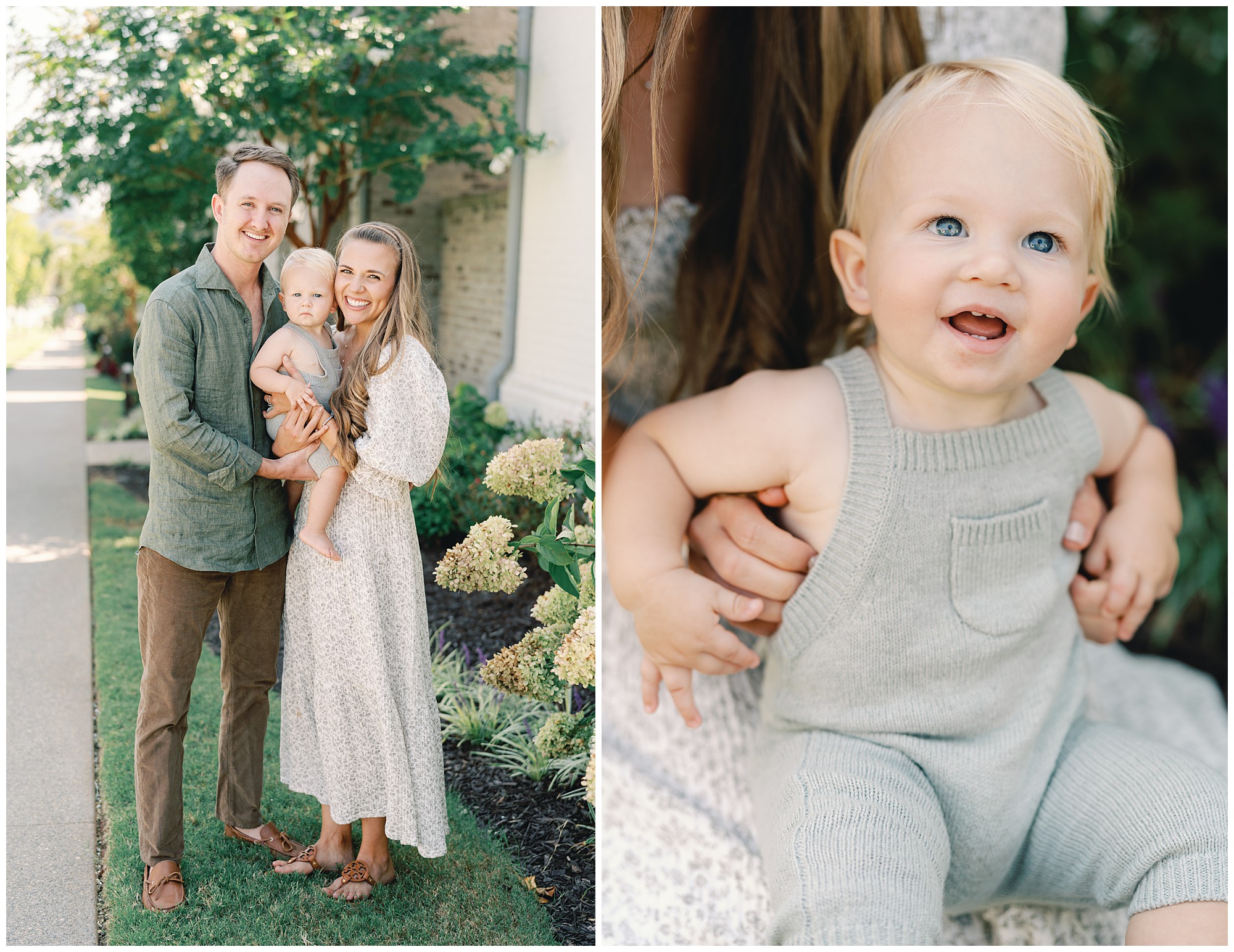 One photo of parents holding their one year old son and smiling for a portrait and a close up image of the young boy smiling up at the camera with blonde hair and blue eyes for an Alpharetta family photography session.
