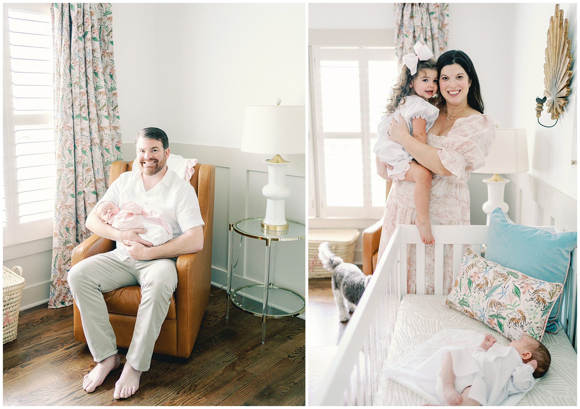 Image collage of parents with their newborn baby and toddler daughter in a a baby girl's nursery.