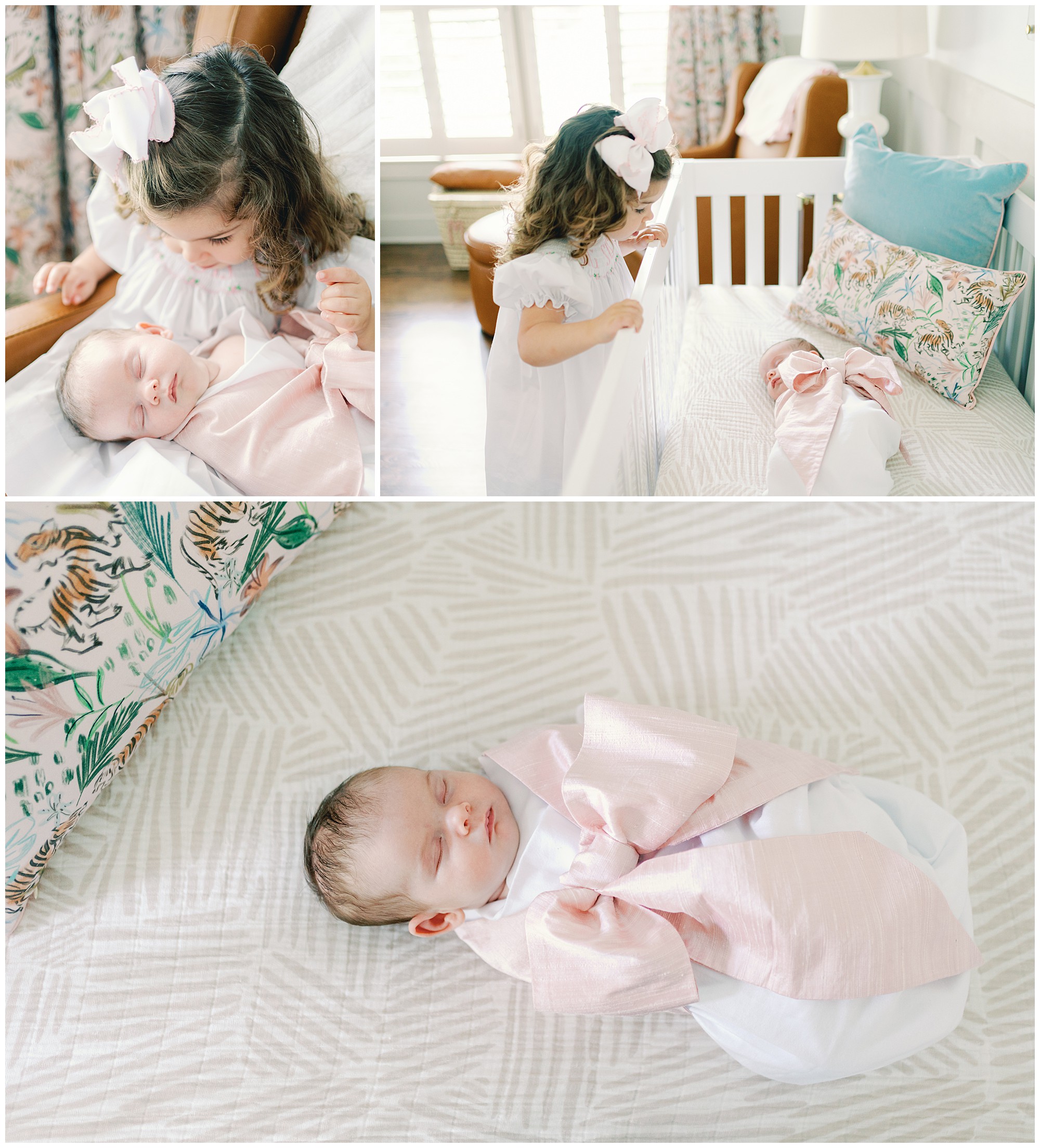 Collage of photos of a toddler girl holding her newborn baby sister wearing a pink Beaufort Bonnet Bow Swaddle.