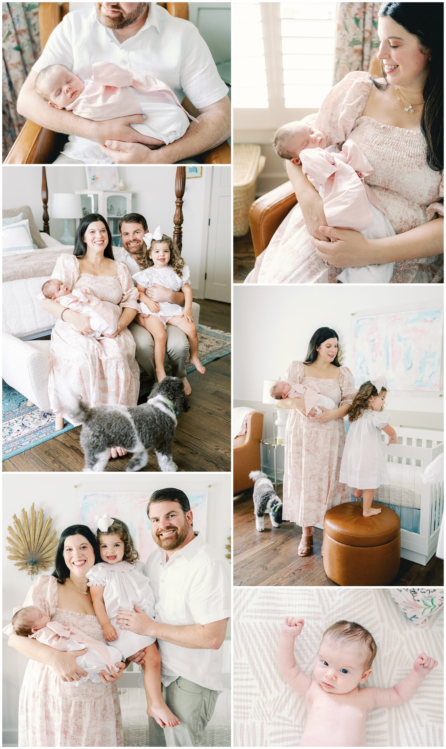 A collage of photos of a family during their Alpharetta in-home newborn session.