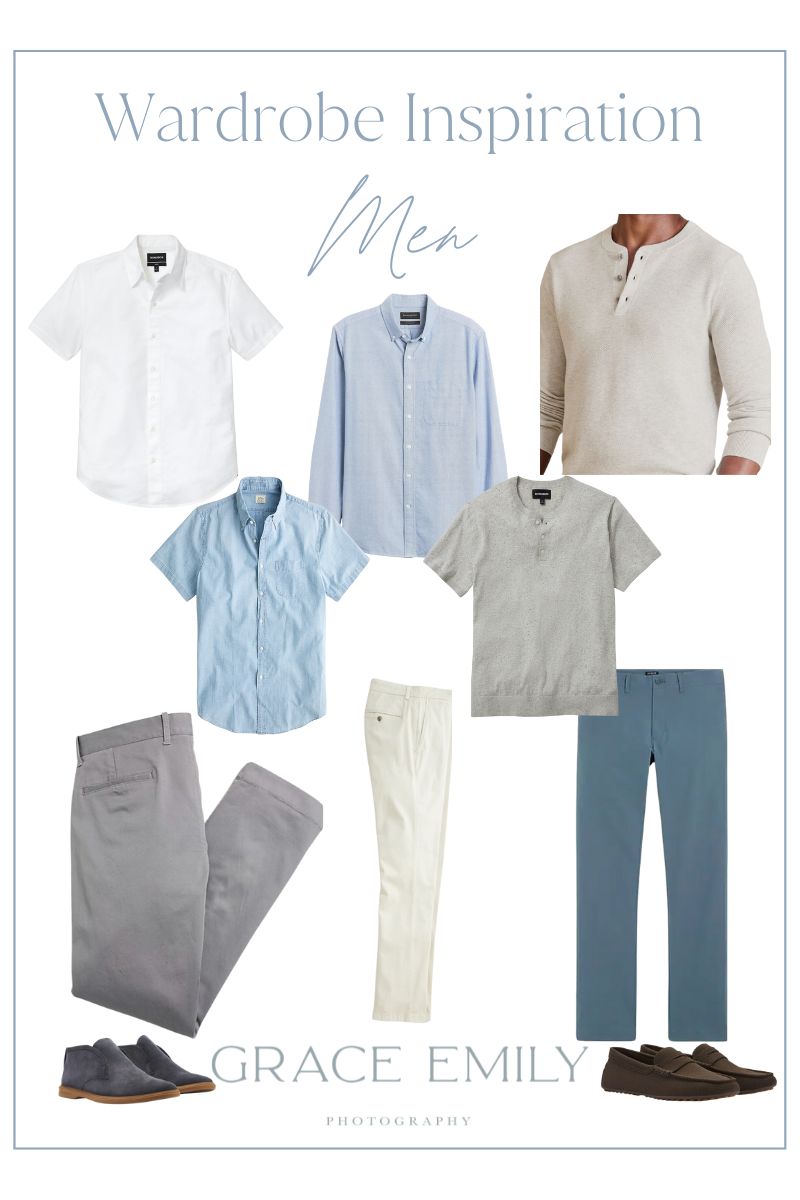 Examples of what to wear for family photos including 5 shirts that are neutral in color and three pairs of slacks.
