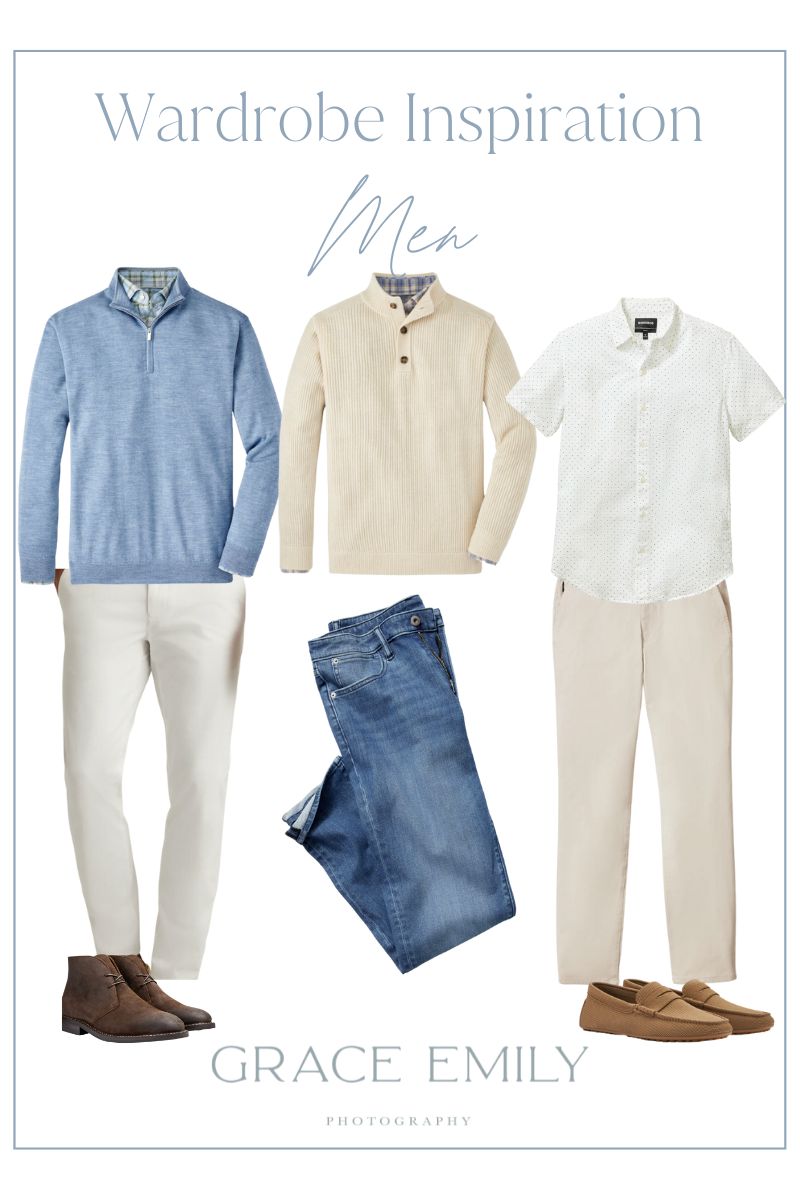 A moodboard of options for what a dad should wear for family photos showing a blue pullover, a tan pullover, a white button down shirt, two pairs of khakis and jeans.