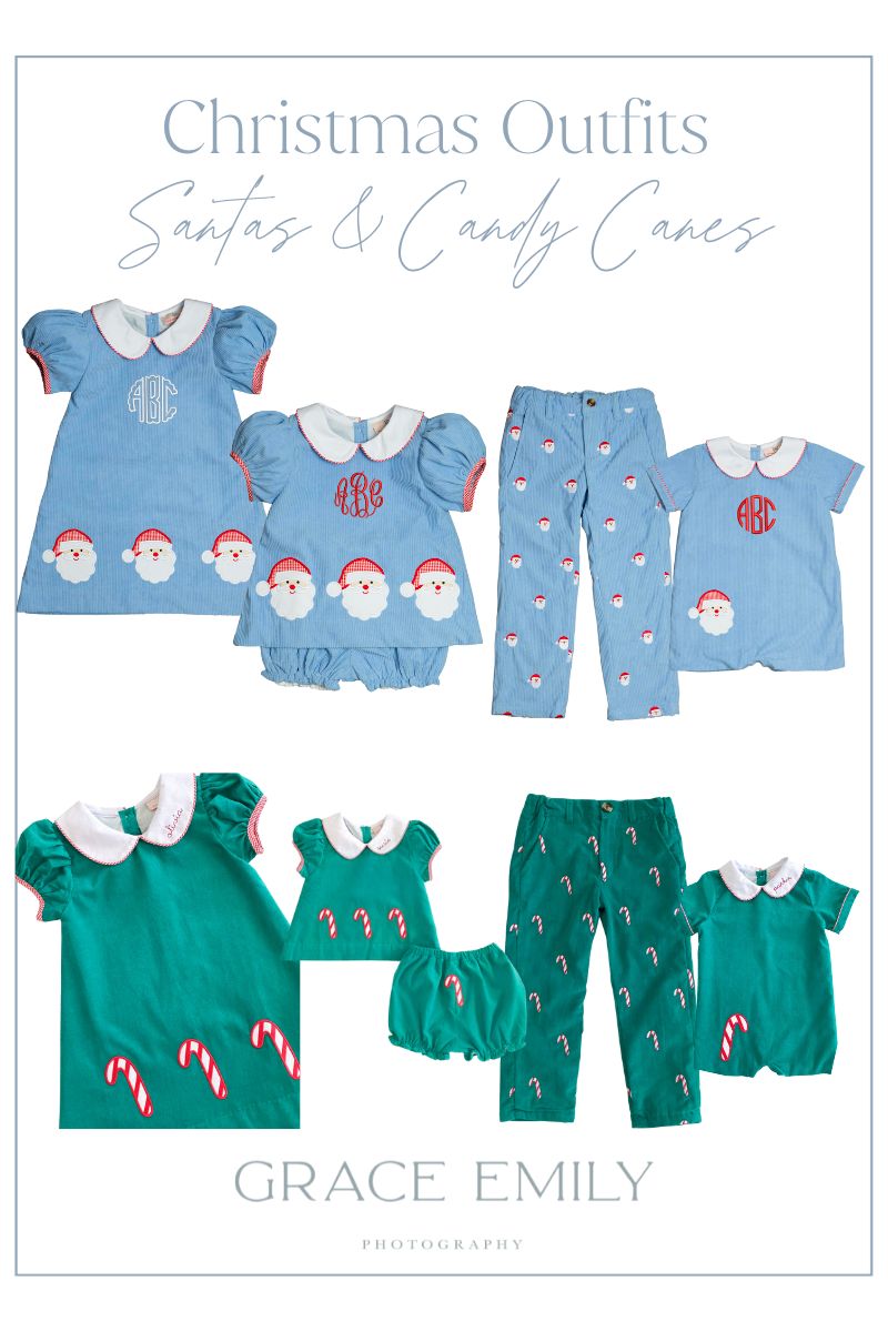 Children's outfits for photos with Santa featuring candy canes and Santa embroidery.