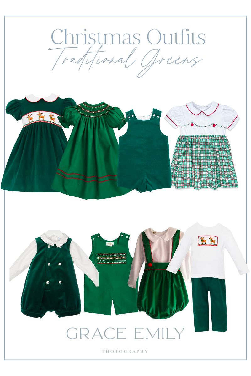 Children's outfits for photos with Santa in green.