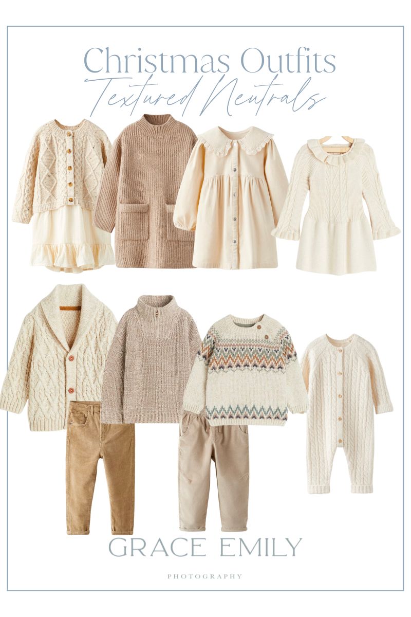 Children's outfits for photos with Santa in neutral tones.