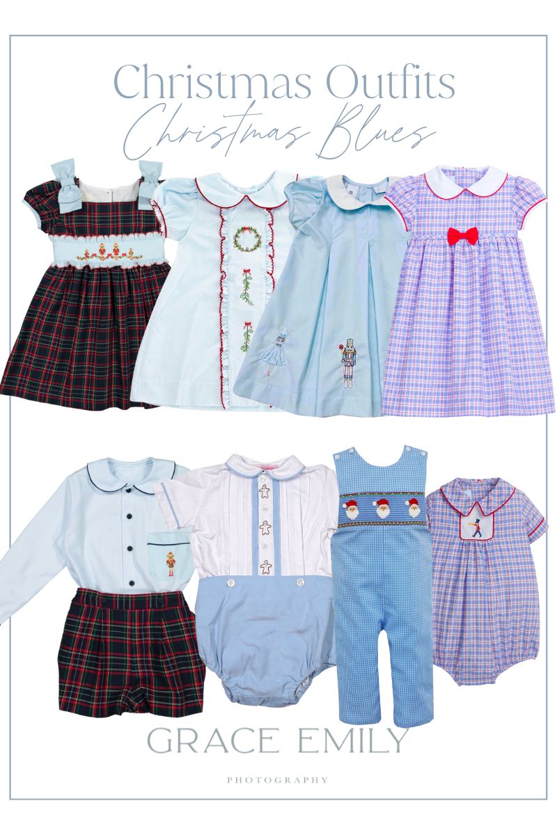 Children's outfits for photos with Santa in shades of blue.