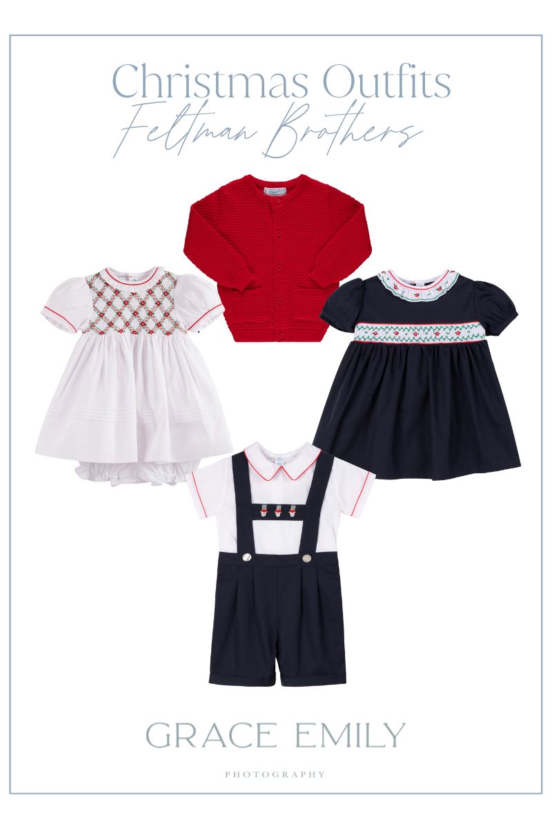 What to wear for photos with Santa: red and navy blue outfits for children.