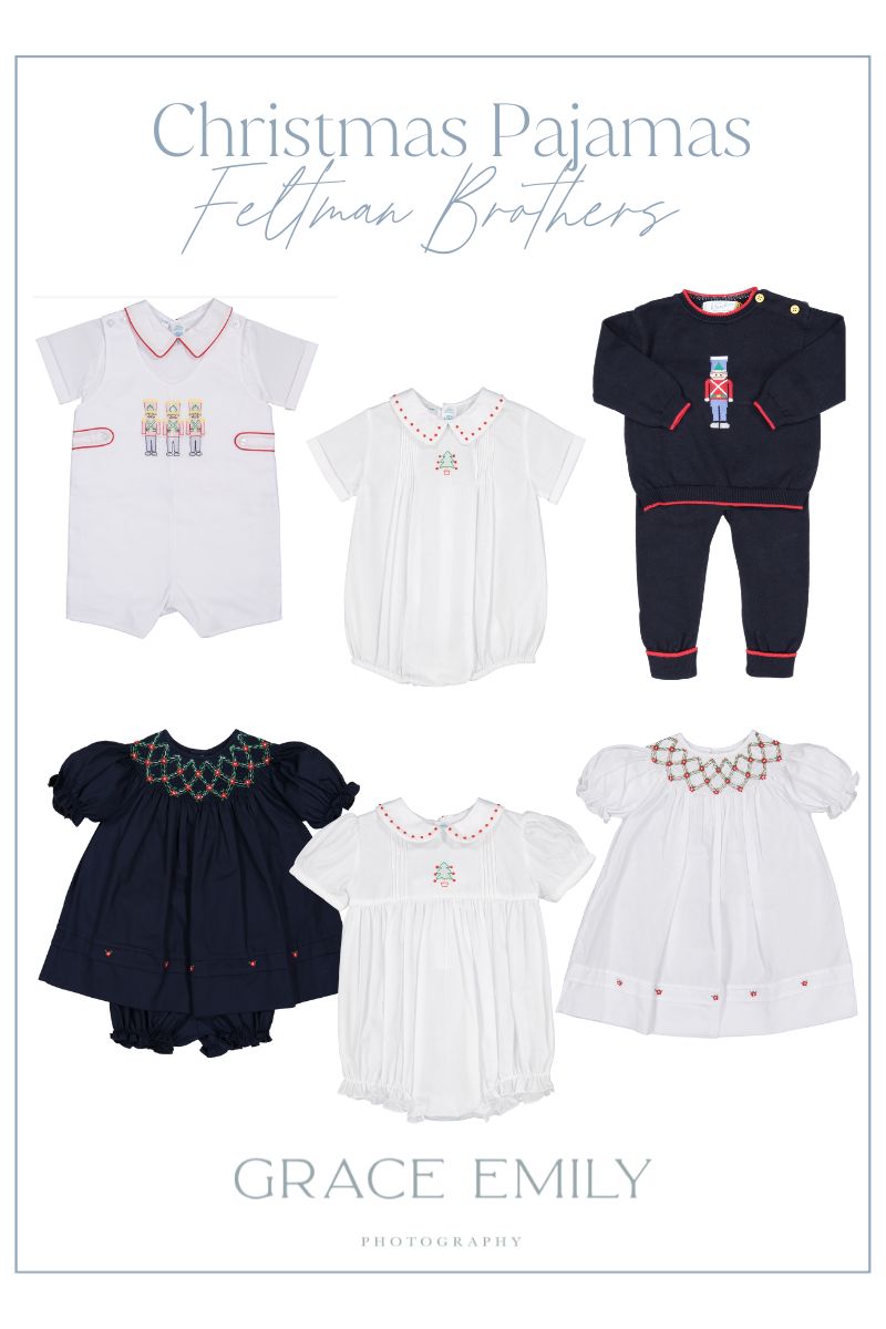 Children's outfits for photos with Santa in navy blue and red.