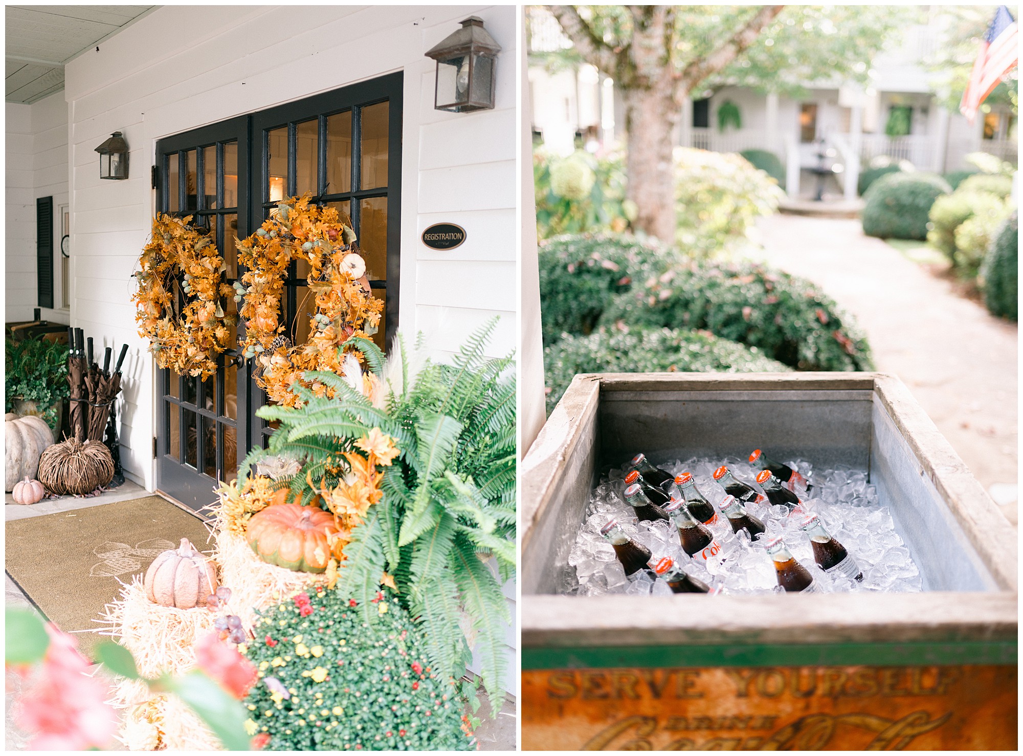 Entrance doors to Half Mile Farm decorated with fall wreaths and a vintage coke stand.