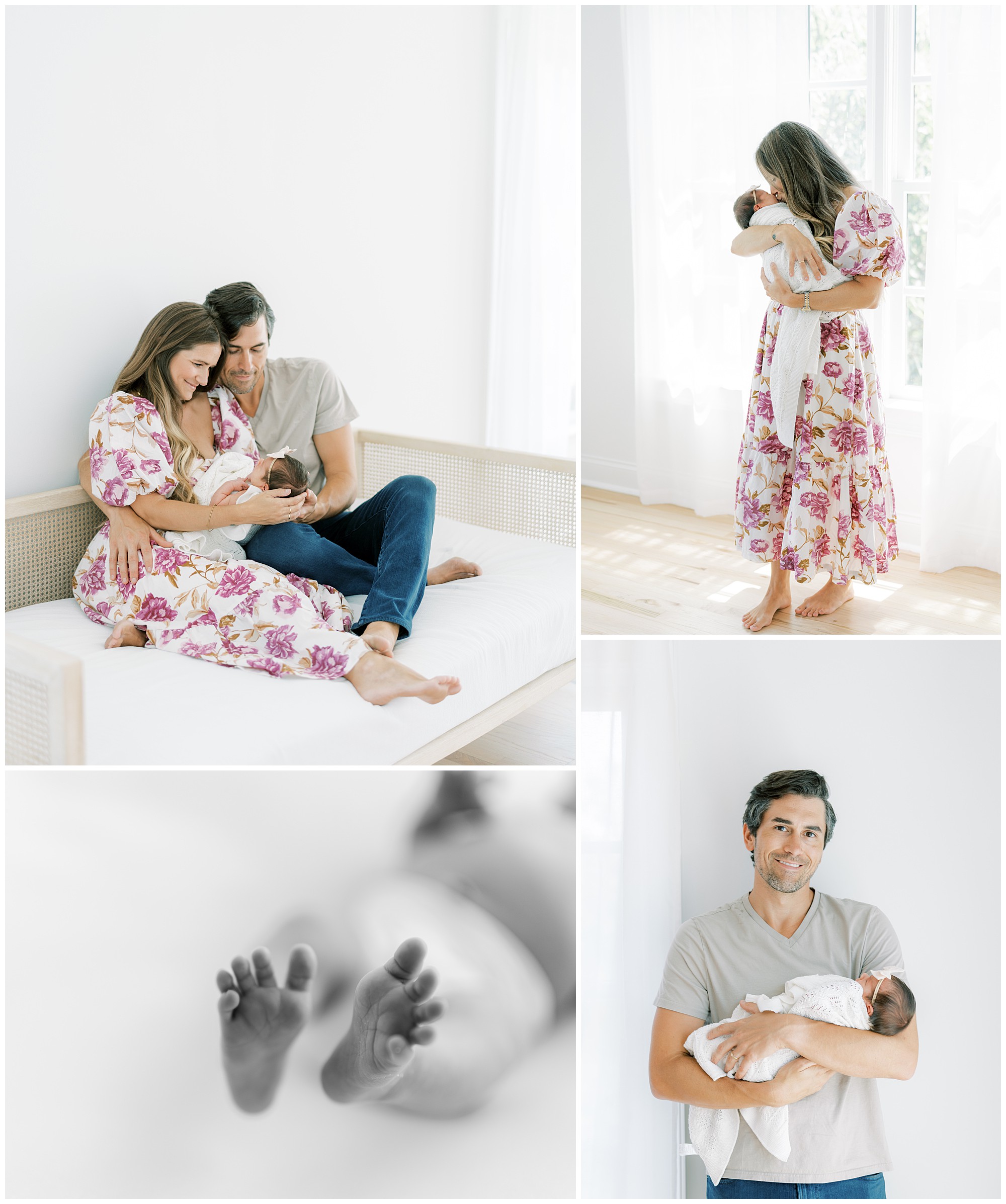 Portraits of a mother in a pink floral dress and a father in a grey tshirt with their newborn daughter during a Roswell Newborn studio photography session.