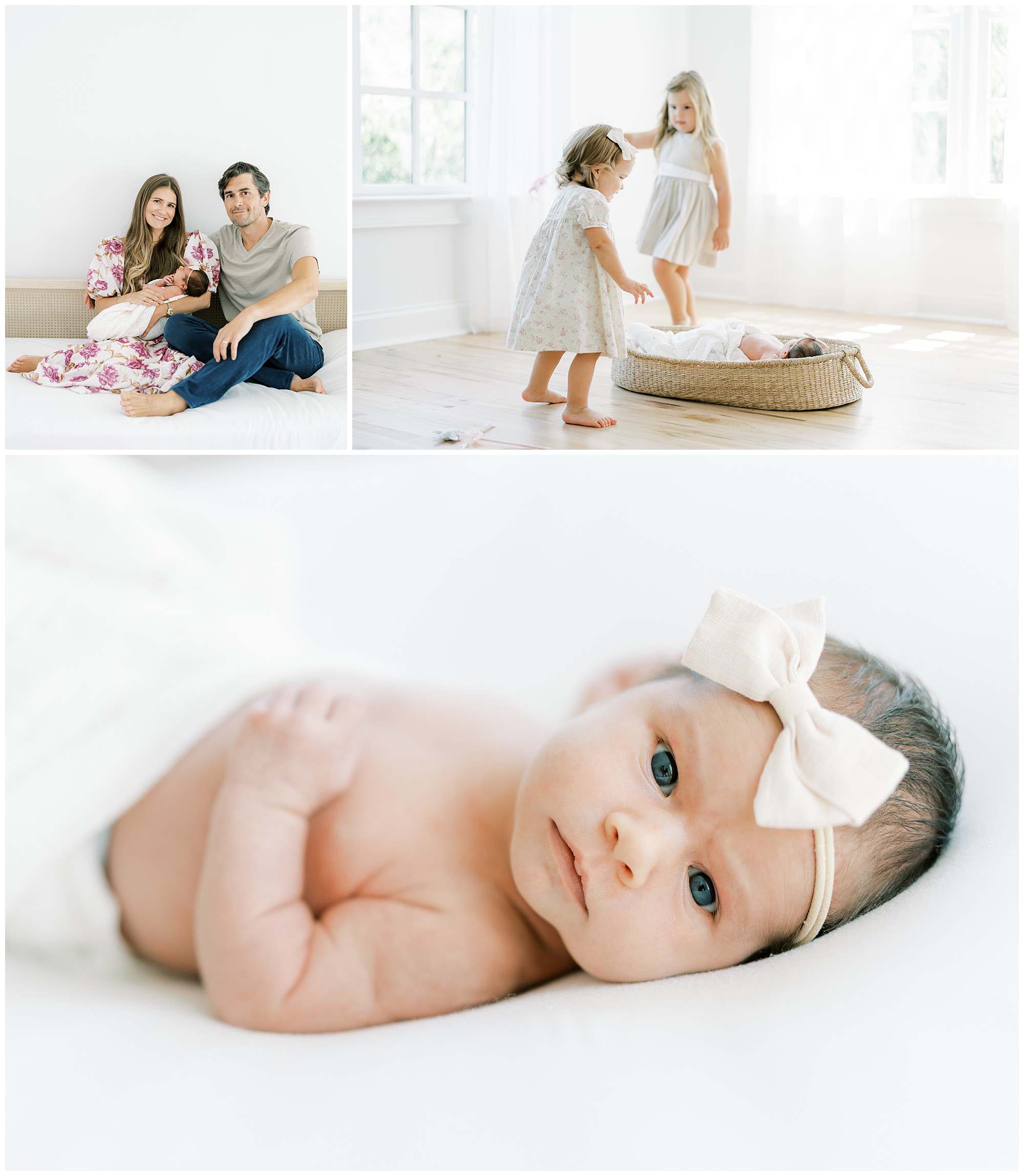 Three images from a Roswell Newborn Studio Photography Session featuring a newborn baby girl, two toddler sisters, and her parents.