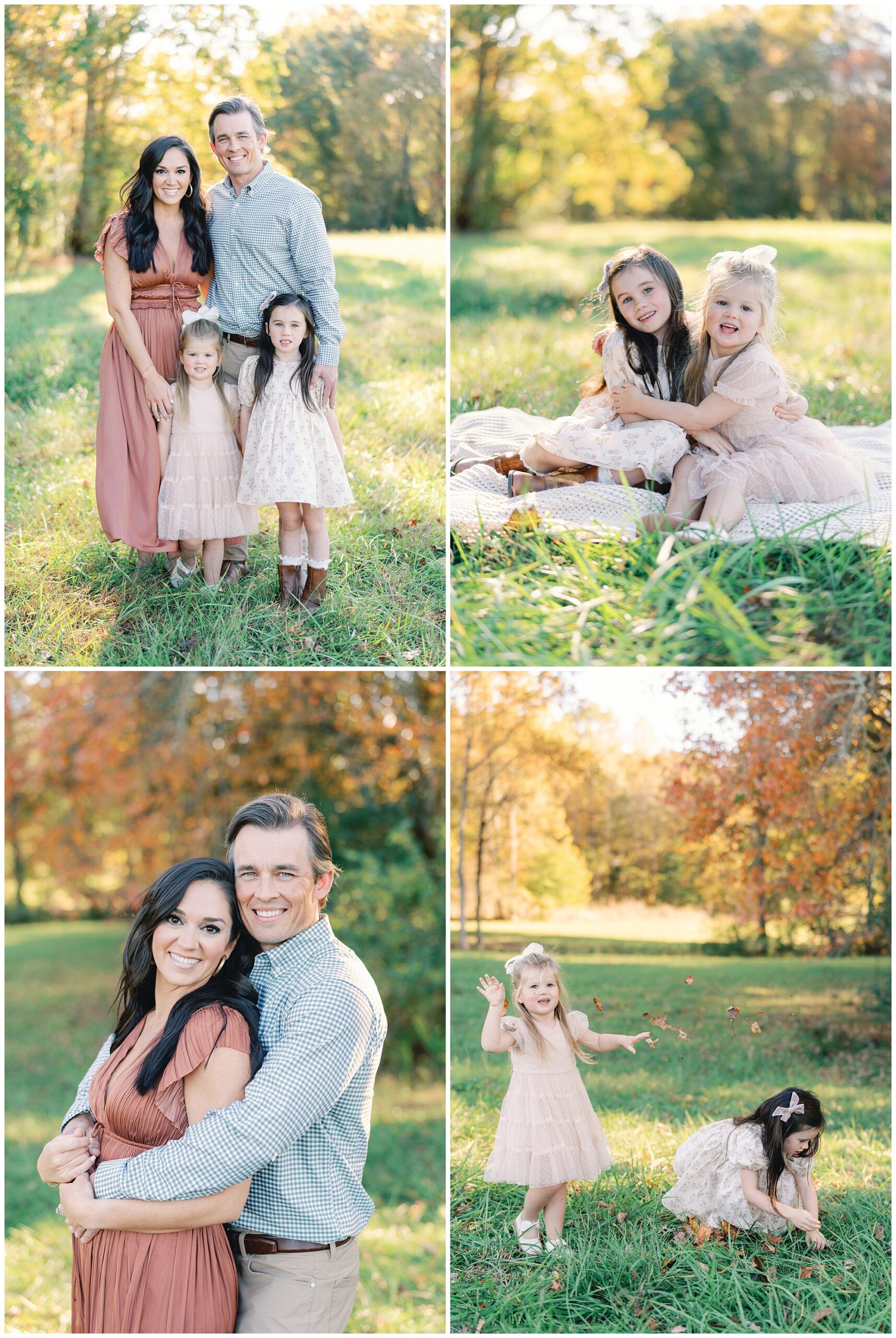 Atlanta fall mini portraits taken of a young family in a field of green grass lines by trees with yellow, red, and orange foliage by Grace Emily Photography.