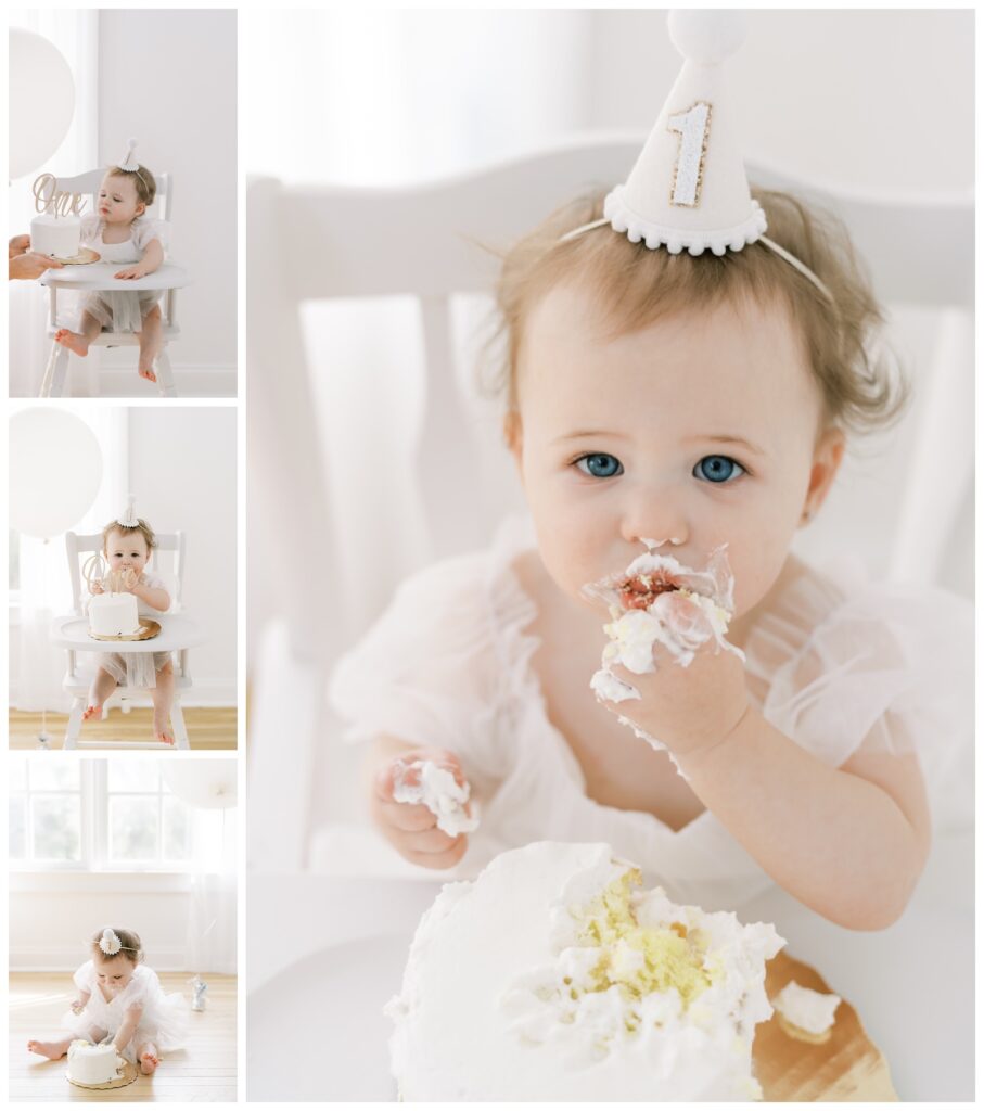 A collage of three images, of a little girl wearing a white dress eating birthday cake. There is a white balloon behind the chair. She is having her picture taken by Atlanta cake smash photographer, Grace Emily Photography 