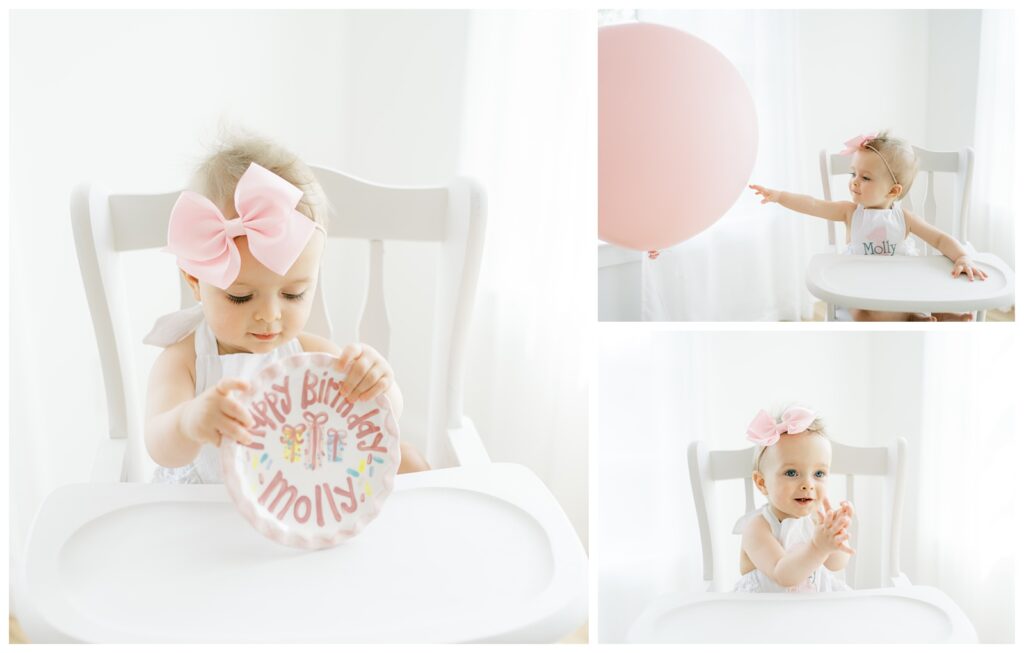 Collage of three images of a little girl with a big pink bow, sitting in a white high chair looking at a pink balloon having her portrait taking by Atlanta cake smash photographer, Grace Emily Photography