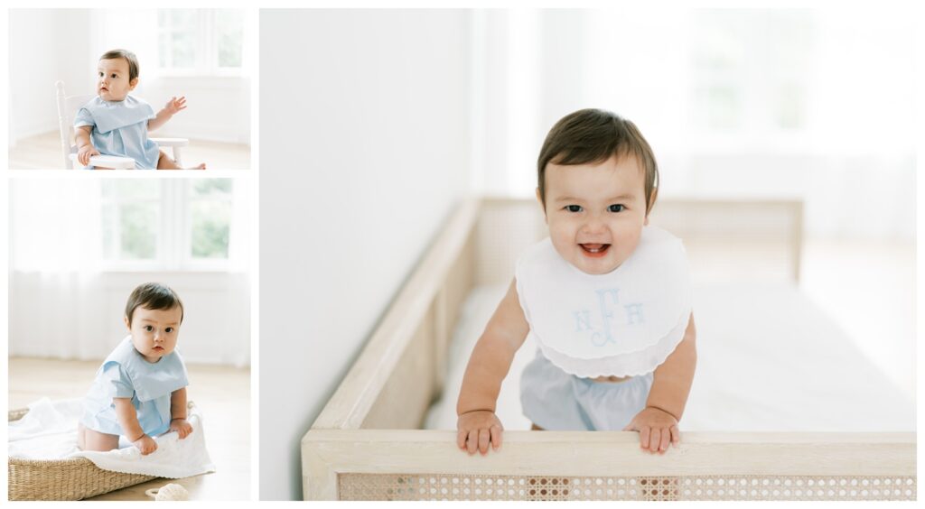 A collage of three images of a little boy sitting in a white rocking chair, standing on a white bed & in a baby basket. The boy is wearing a light blue outfit & having his picture taken by Atlanta photographer, Grace Emily Photography. 
