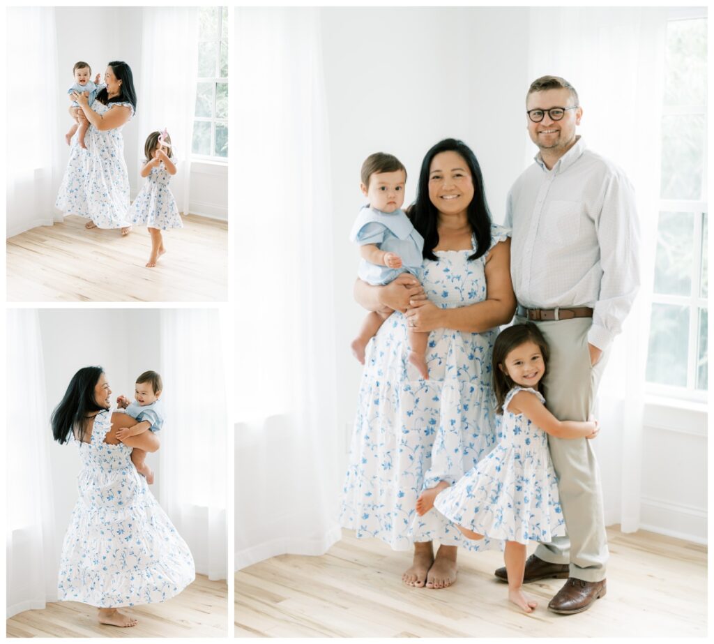 A collage of three images with a mom, dad, baby brother & older sister standing in an all white photography studio having their picture taken by Atlanta family photographer, Grace E. Photography. 