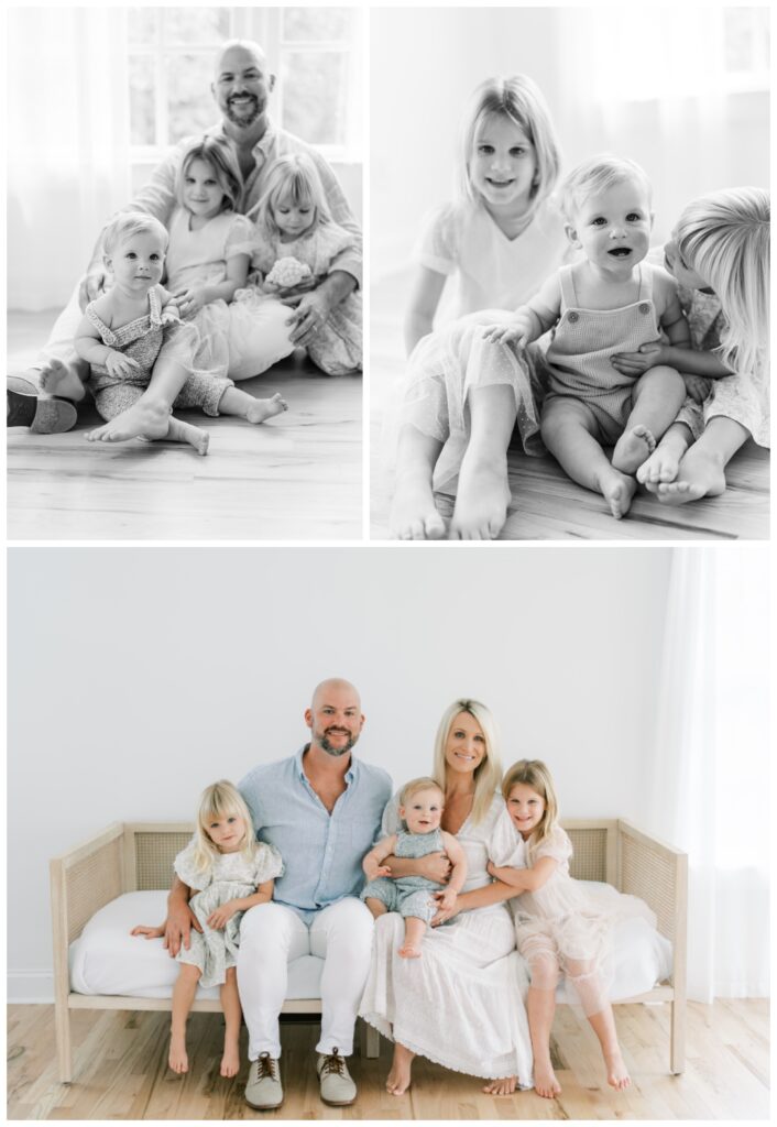 A e image collage of family portraits in an all white studio, there is mom, dad & three siblings having her portrait taking by Atlanta cake smash photographer, Grace Emily Photography