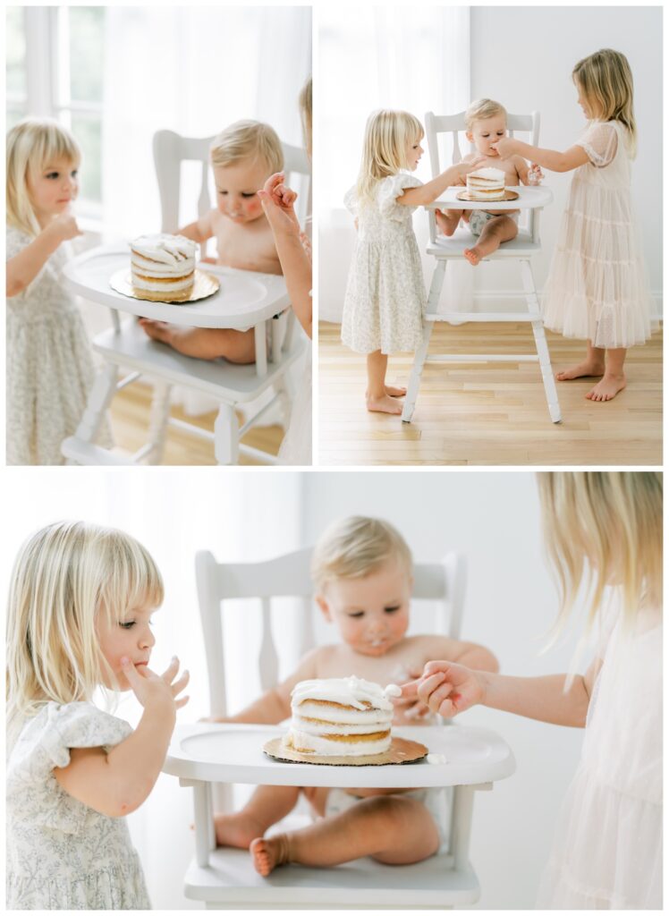 Collage of three images of a baby boy and his two older sisters eating a cake & having their picture taken by Atlanta cake smash photographer, Grace Emily Photography