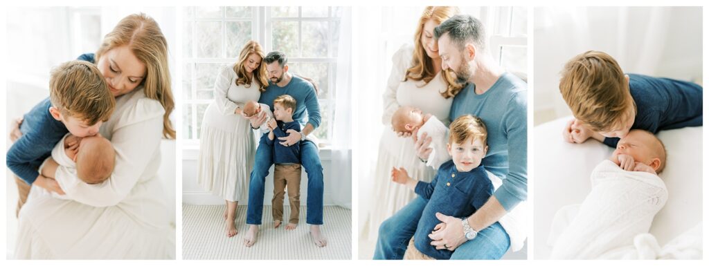 Four images of a family having their picture taken. There is a mom, dad, big brother & newborn baby brother. They are wearing blues, whites & light grey clothes. 