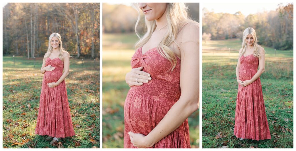 Atlanta fall mini session of expecting mother in a field of green grass lines by trees with yellow, red, and orange foliage by Grace Emily Photography.