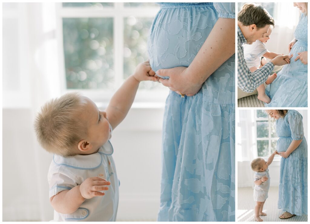 Three images of a baby boy wearing a white outfit & pointing this his mom's pregnant belly. 