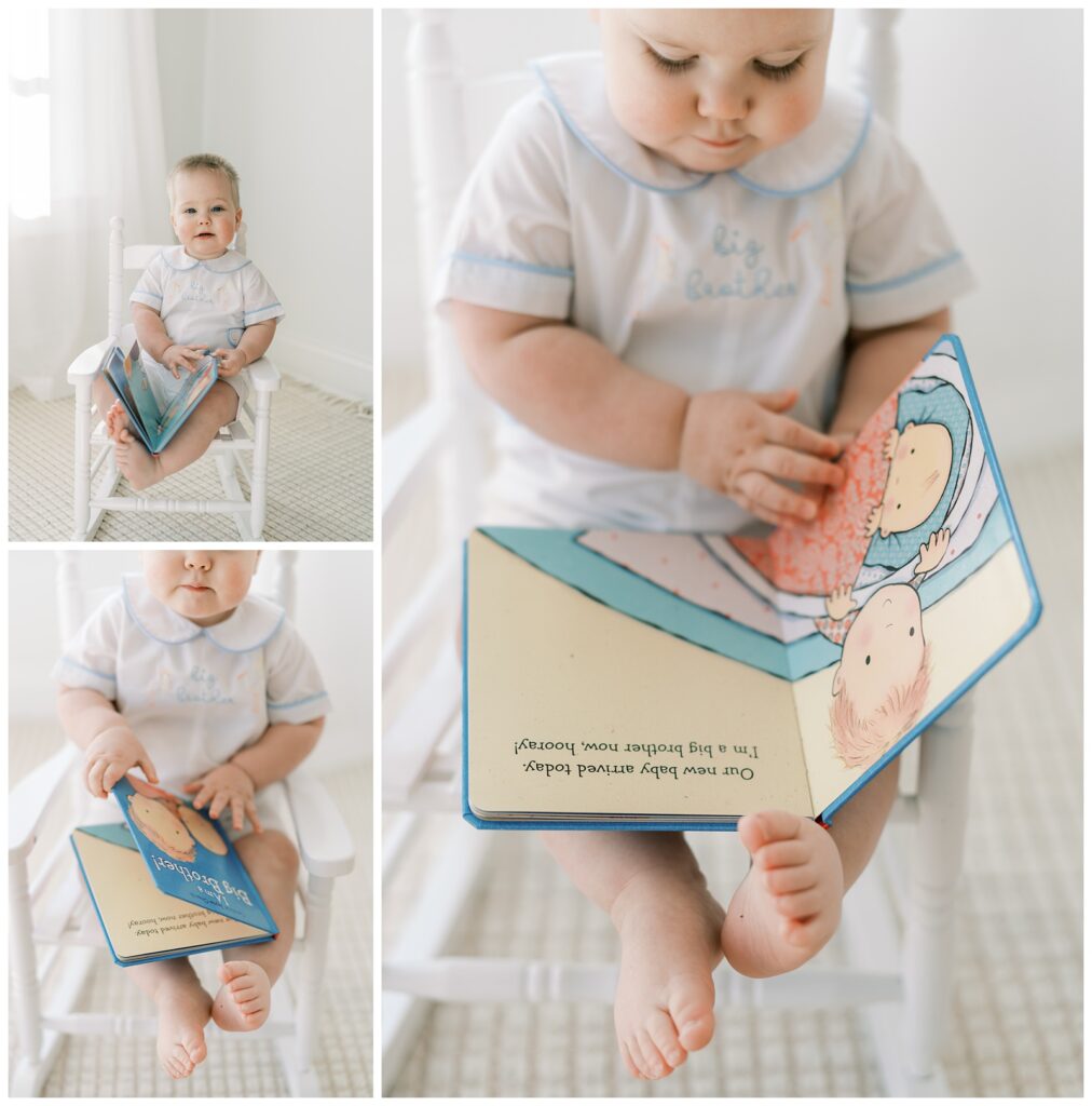 Three images of a baby boy wearing a white outfit that says "big brother". He is reading a book & sitting in a white rocking chair. 