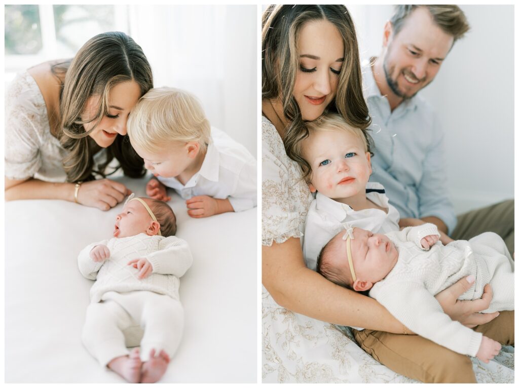 Two images of a family of four. There is a mom, dad, big brother & a newborn baby sister. They are holding the newborn baby sister. 