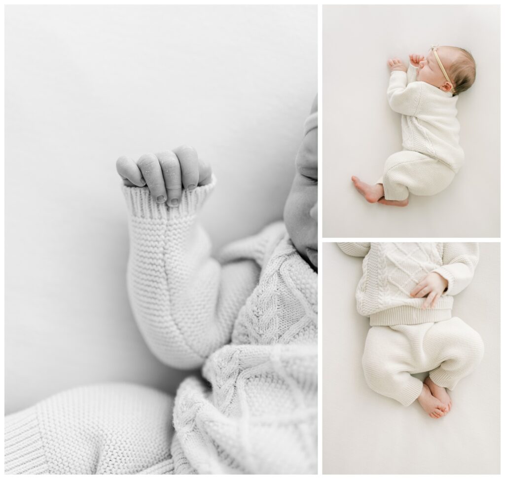 A collage of three images of closeups of a newborn baby girl. She is wearing a white sweater & sweater pants with a tiny white bow. She is asleep on a white blanket. 