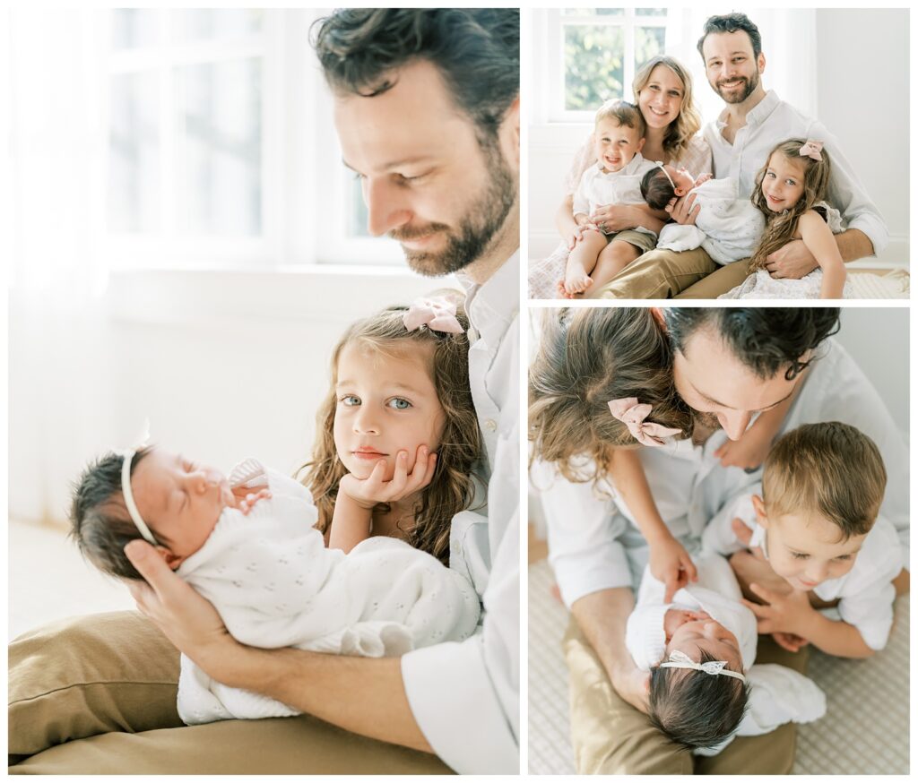 A collage of three images of a family of five and their newborn baby sister. Everyone is hugging & touching the newborn baby sister.